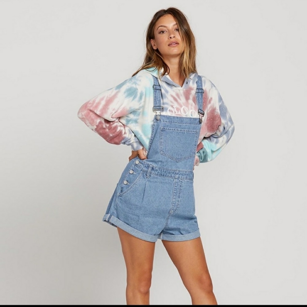 Volcom Denim Skater Overall Bibs Blue Stripe Cotton Wide Leg Women Size M